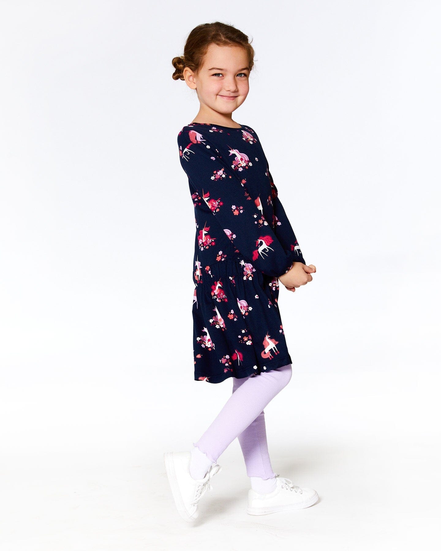 Brushed Jersey Long Sleeve Dress Navy Flowery Unicorn Print - F20I92_019