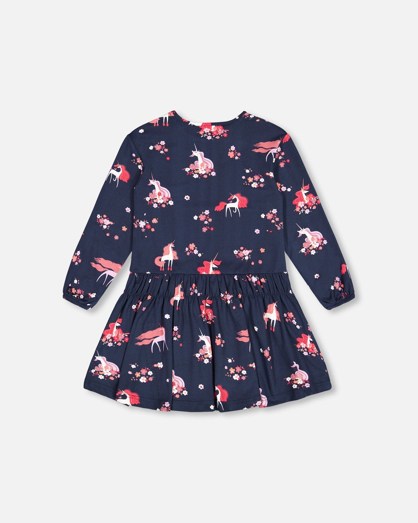 Brushed Jersey Long Sleeve Dress Navy Flowery Unicorn Print - F20I92_019