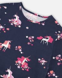 Brushed Jersey Long Sleeve Dress Navy Flowery Unicorn Print - F20I92_019