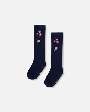 High Socks Dark Navy With Flowers - F20IS_000