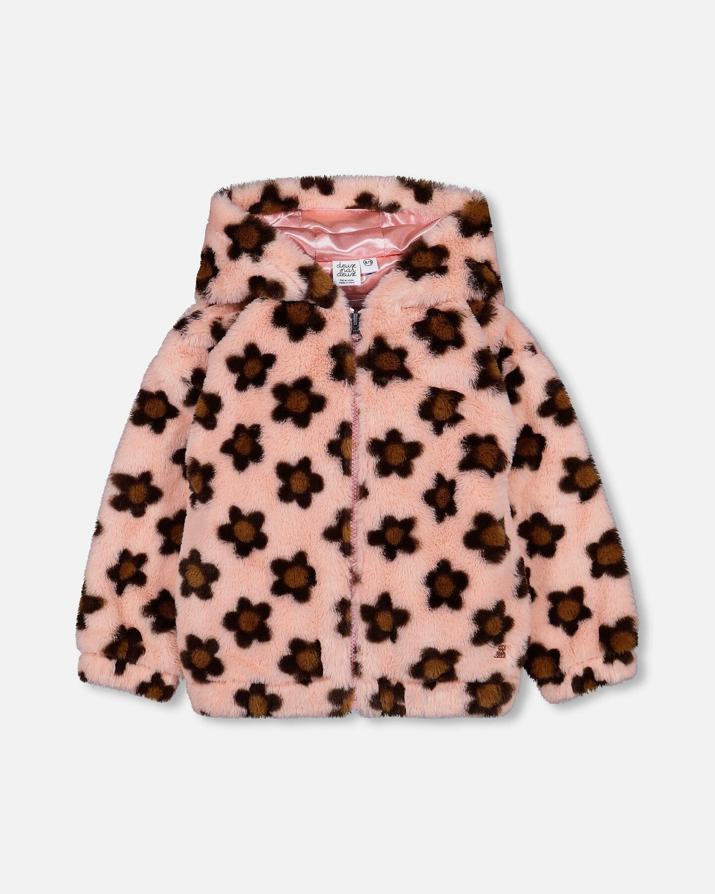 Faux Fur Hooded Jacket Pink Printed With Brown Flowers - F20J51_000