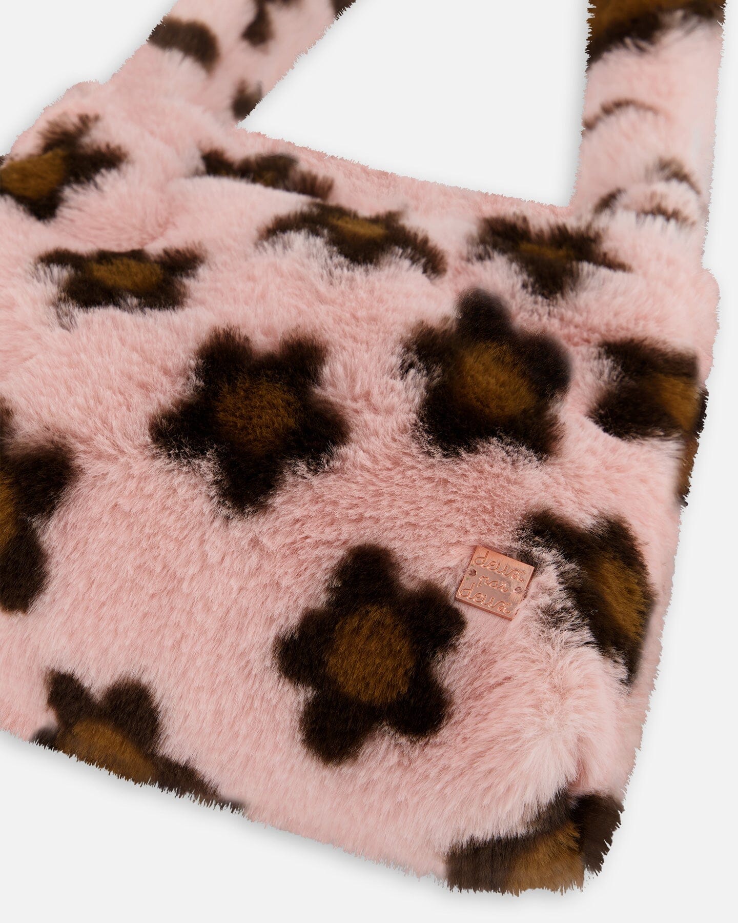 Faux Fur Shoulder Bag Pink Printed With Brown Flowers - F20JB_000