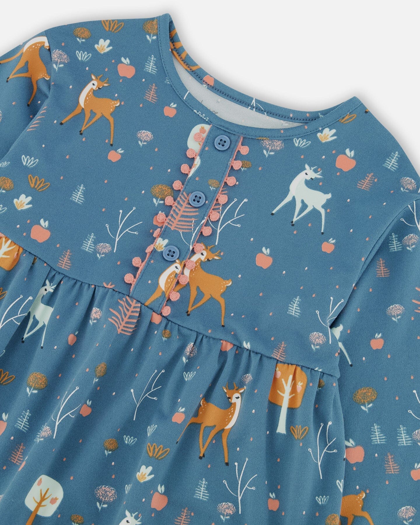 Brushed Jersey Long Sleeve Dress Teal Blue Fawns And Apples Print - F20K90_044