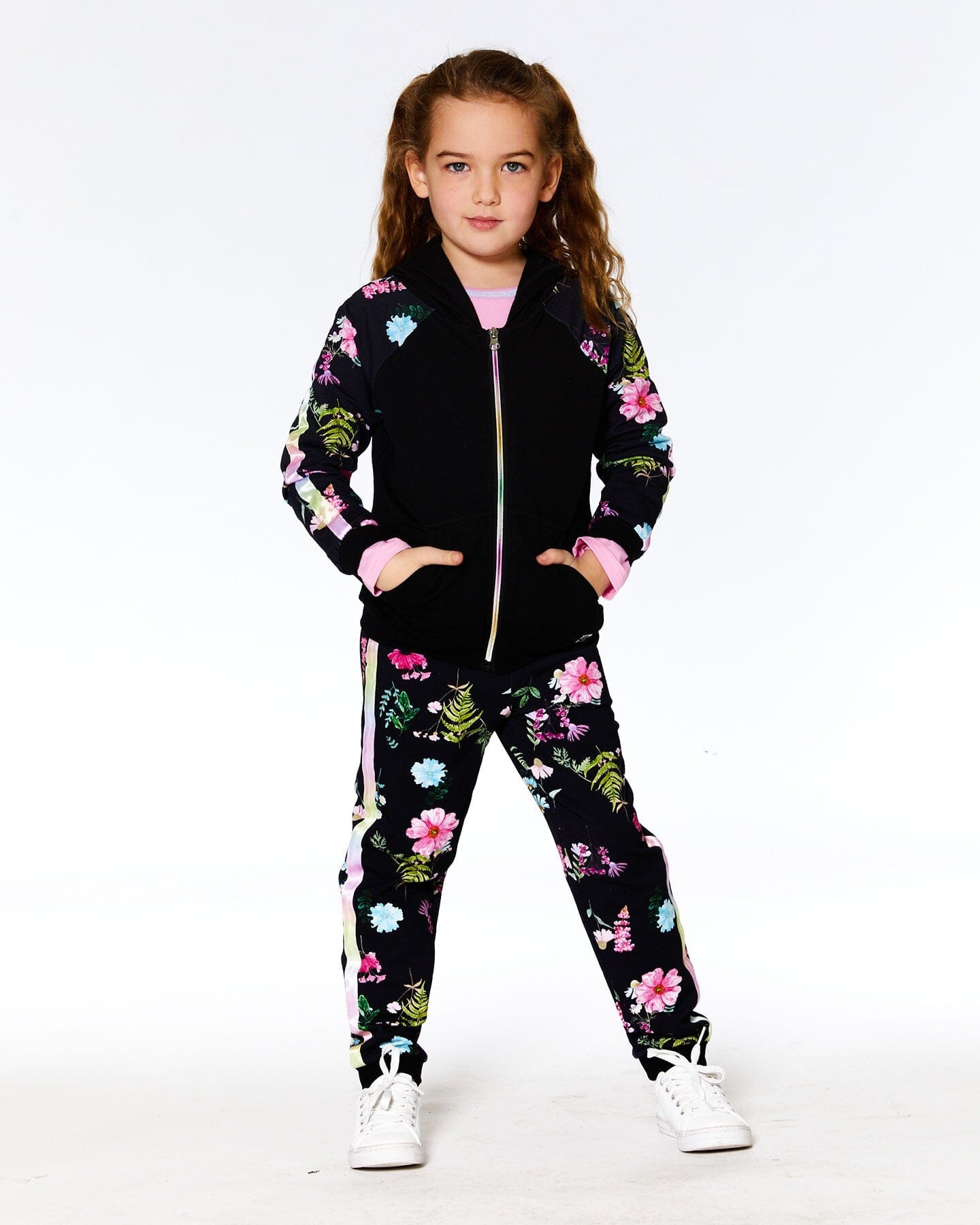 Rainbow Zip French Terry Hoodie Black And Flowers Print - F20L30_999