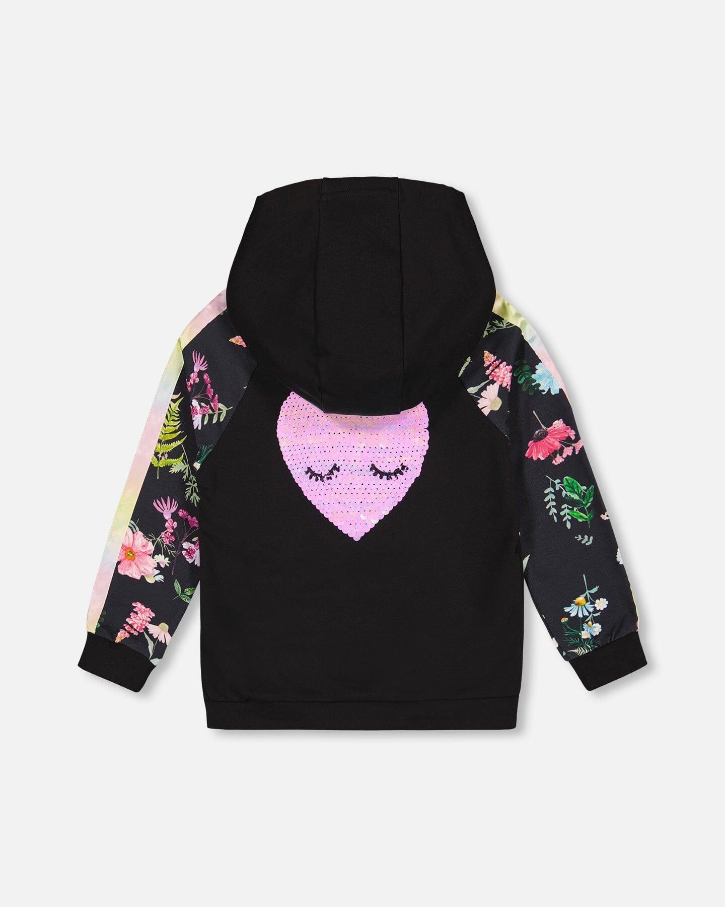 Rainbow Zip French Terry Hoodie Black And Flowers Print - F20L30_999