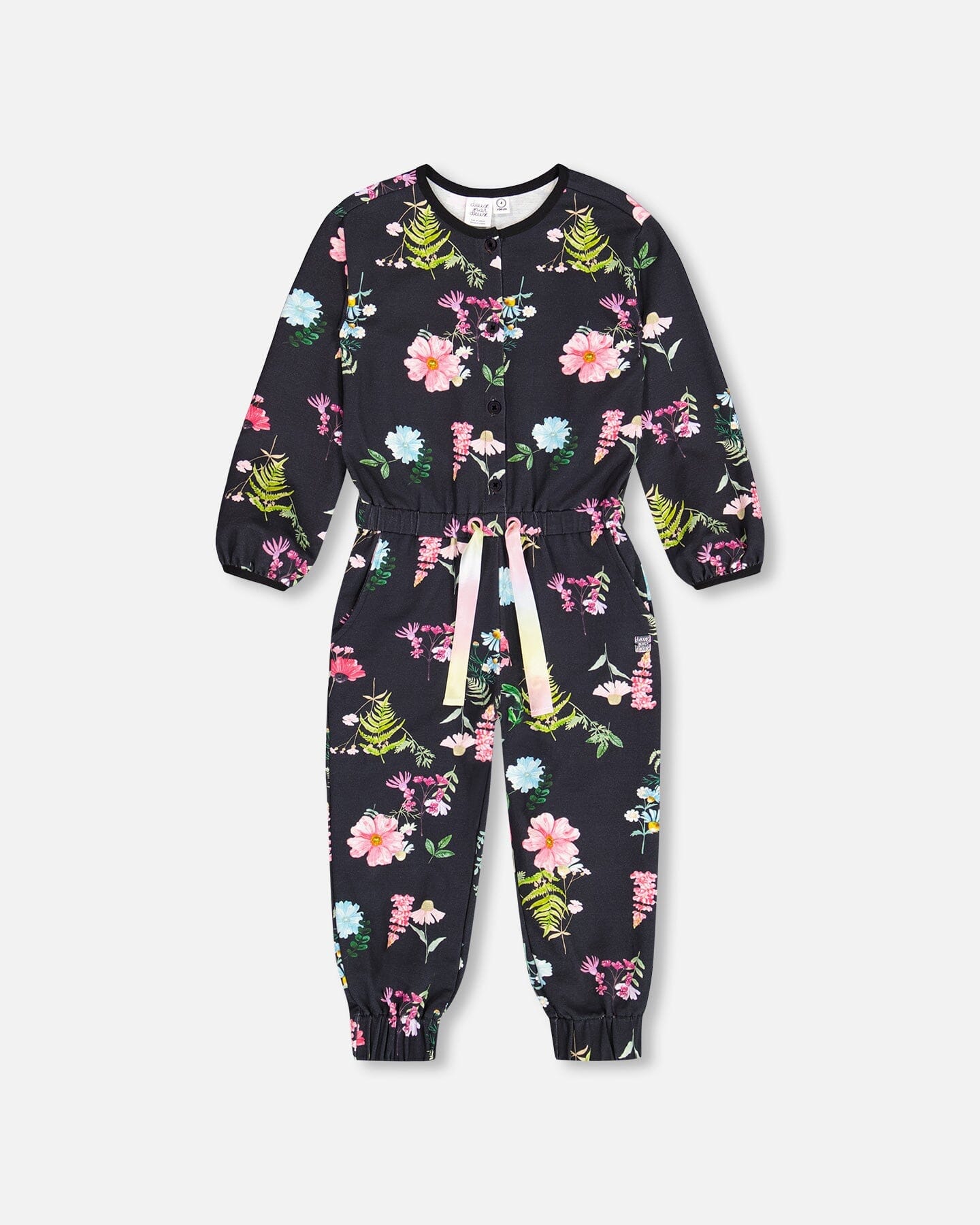 Long Sleeve French Terry Jumpsuit Black Botanical Flowers Print - F20L40_048
