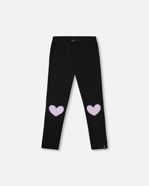 Jersey Stretch Black Leggings With Faux Fur Hearts Applique - F20L60_999