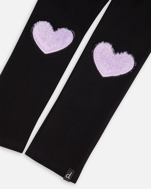 Jersey Stretch Black Leggings With Faux Fur Hearts Applique - F20L60_999