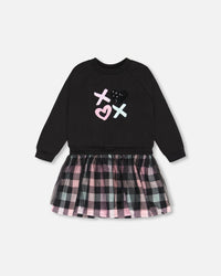 Bi-Material Sweatshirt Dress With Tulle Skirt Black And Colorful Plaid - F20L94_999