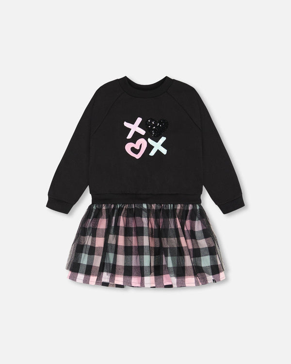 Bi-Material Sweatshirt Dress With Tulle Skirt Black And Colorful Plaid - F20L94_999