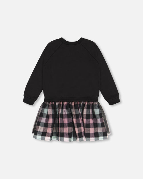 Bi-Material Sweatshirt Dress With Tulle Skirt Black And Colorful Plaid - F20L94_999