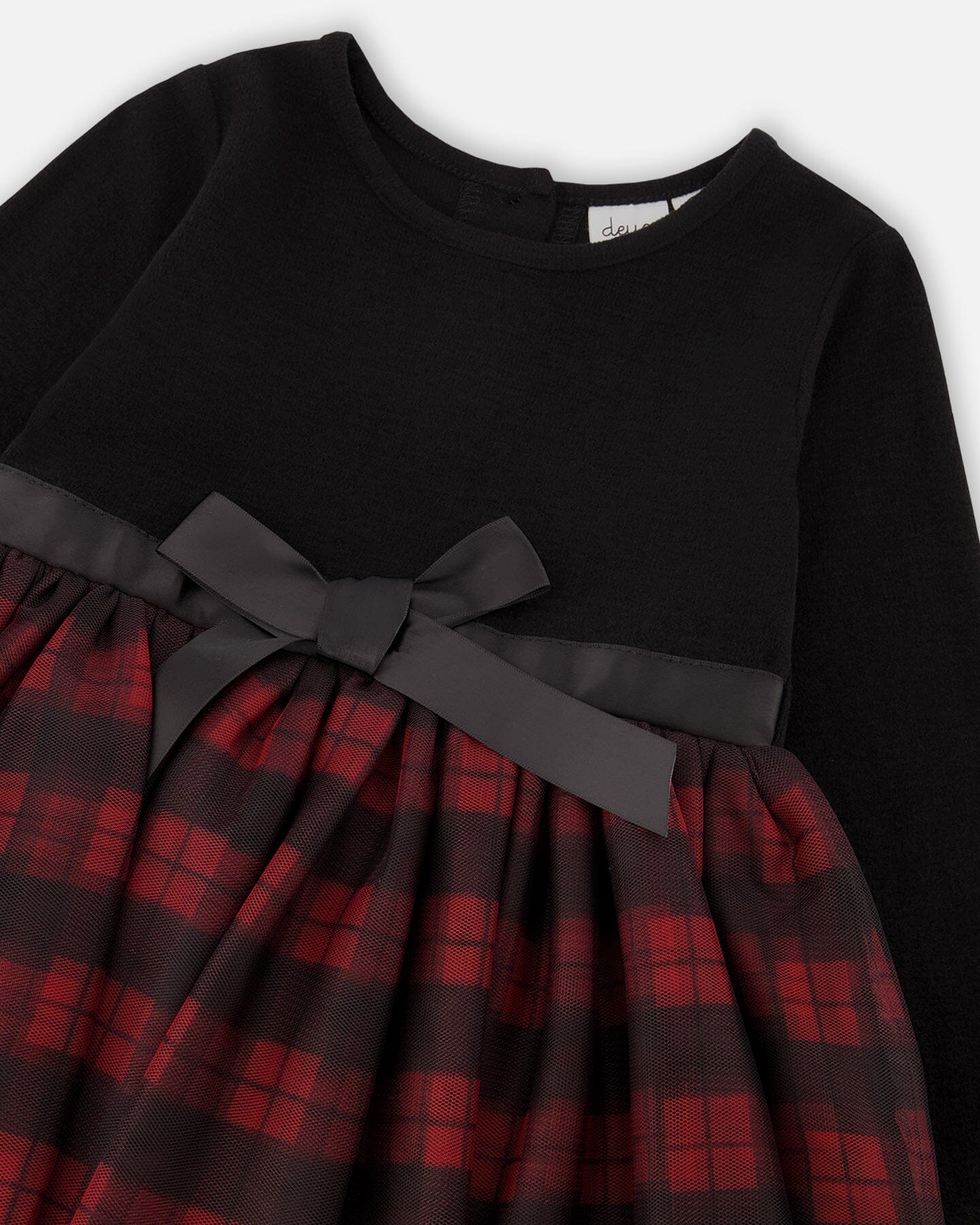 Bi-Material Black Long Sleeve Dress With Tulle Skirt Buffalo Plaid - F20NG90_999