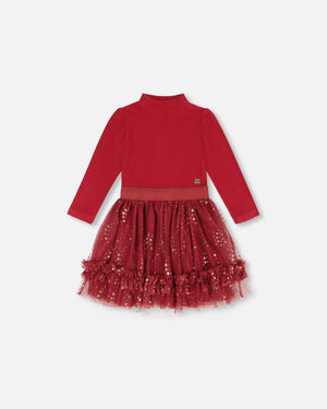 Bi-Material Mock Neck Dress With Glittering Tulle Skirt Burgundy - F20NG92_775