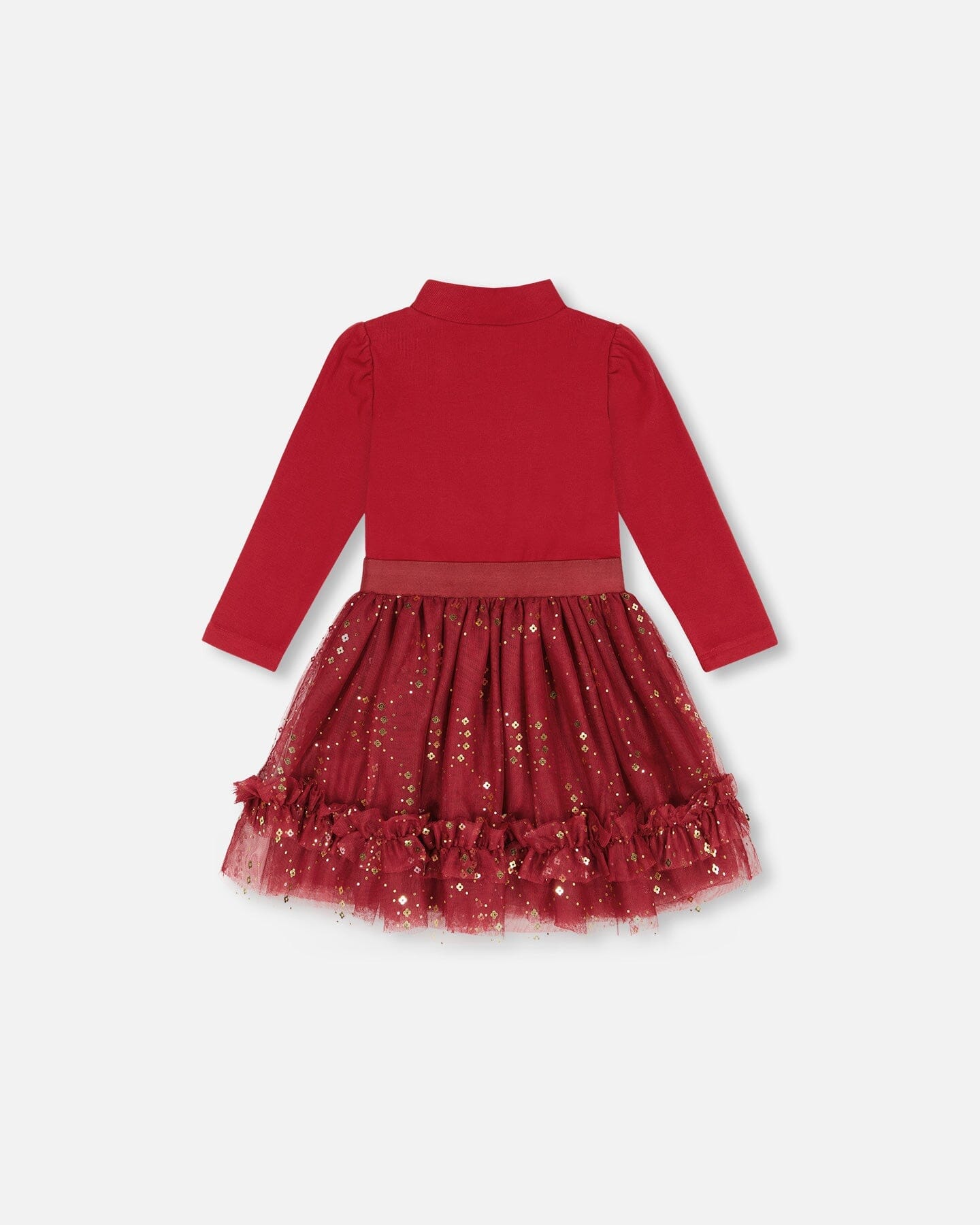 Bi-Material Mock Neck Dress With Glittering Tulle Skirt Burgundy - F20NG92_775
