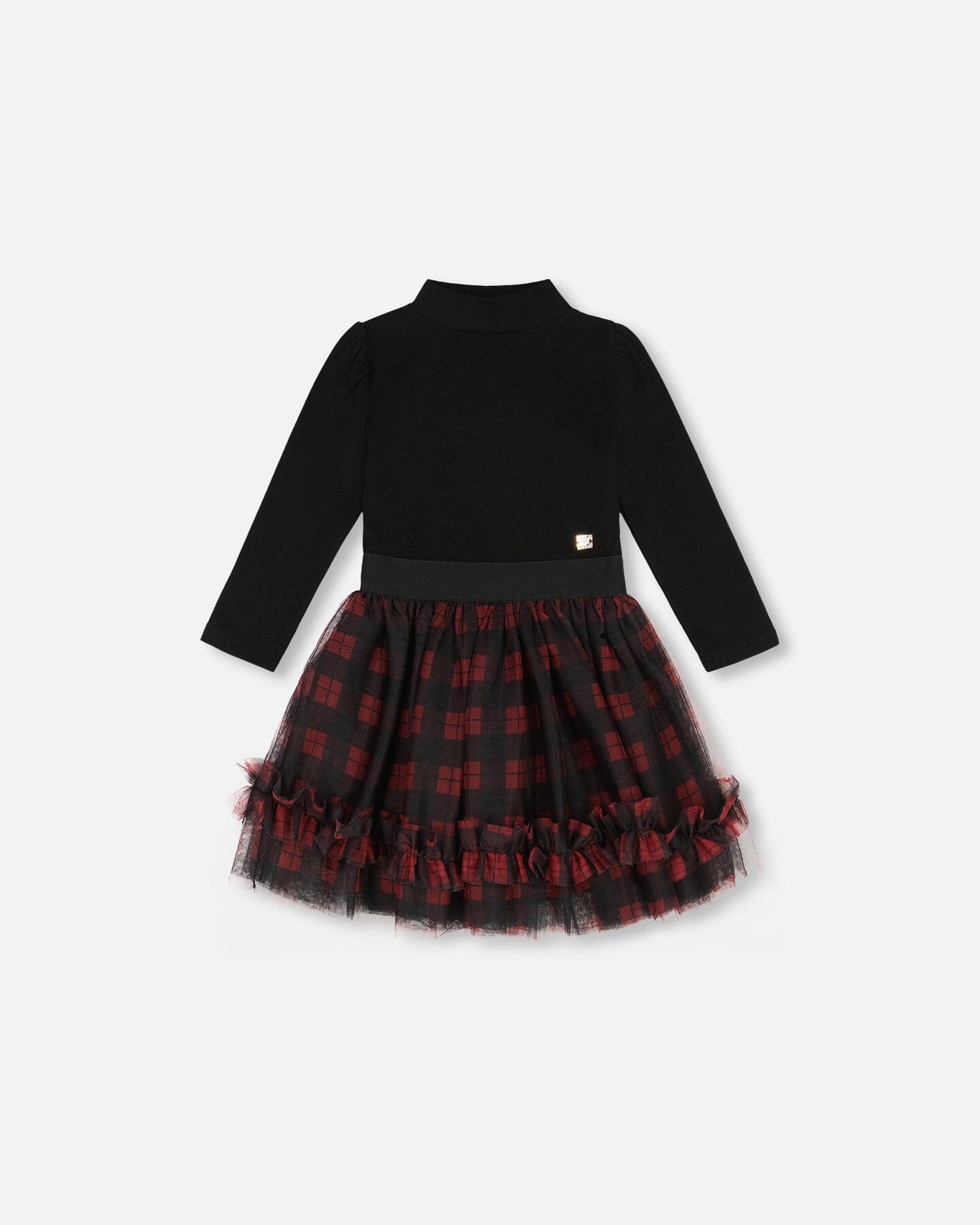 Bi-Material Black Mock Neck Dress With Tulle Skirt Buffalo Plaid - F20NG92_999