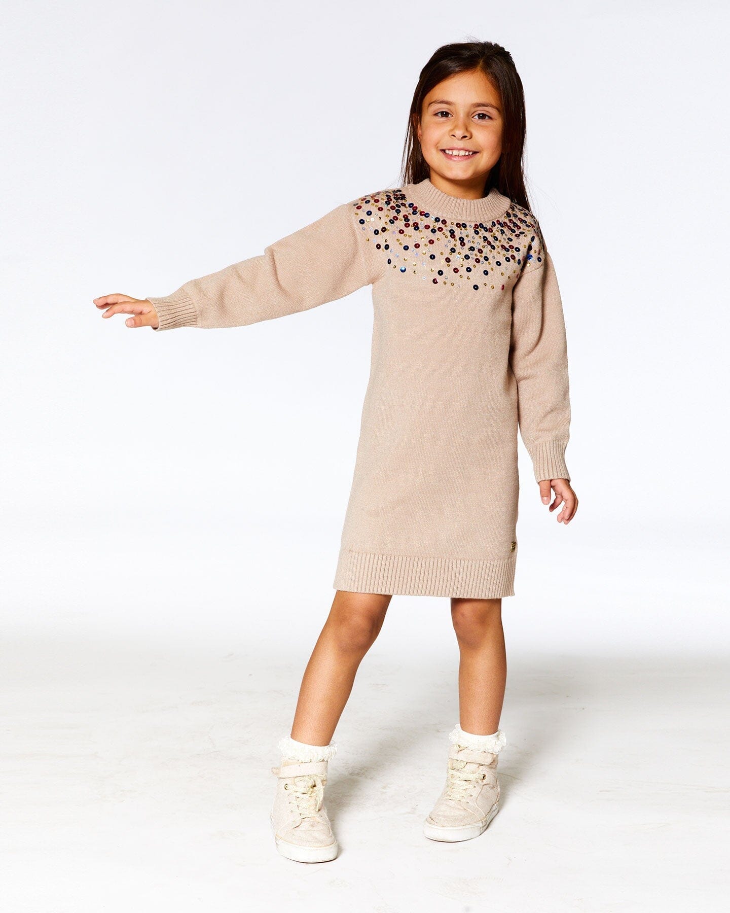 Gold Beige Knitted Dress With Sequins - F20NGT93_171