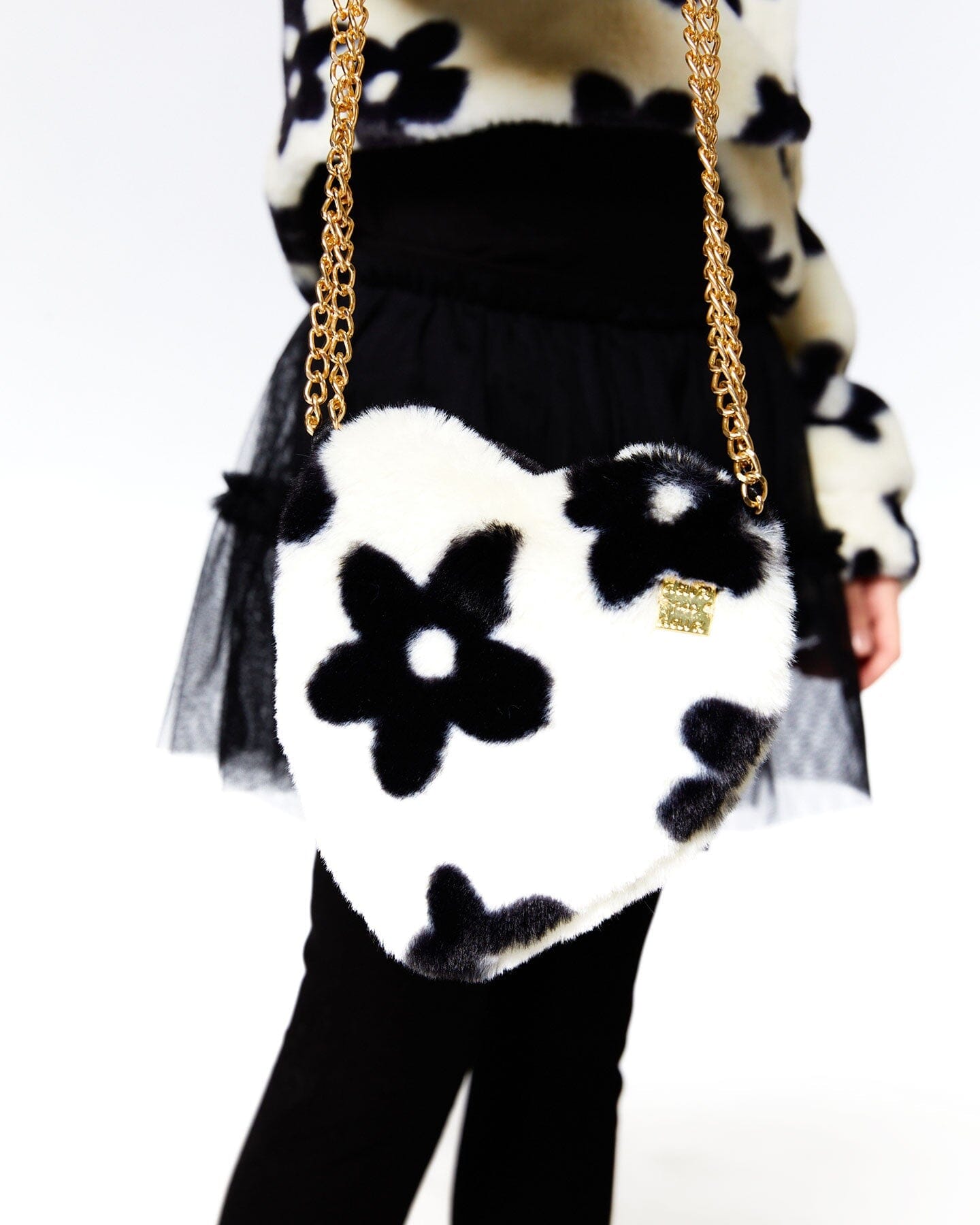 Faux Fur Shoulder Bag Off White With Black Flower Pattern - F20OB_000