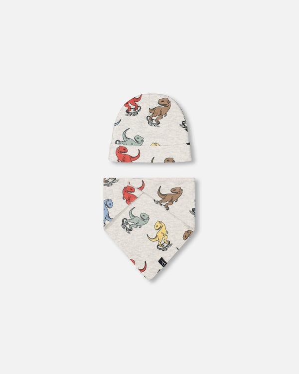 Organic Cotton Printed Dinosaur Hat And Bib Set Oatmeal Mix - F20PA10_050