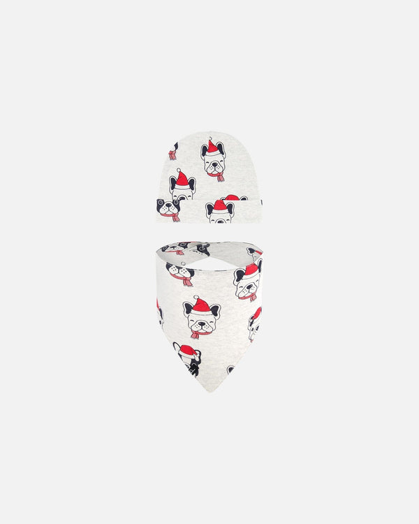 Organic Cotton Printed Christmas Dogs Hat And Bib Set Oatmeal Mix - F20PA10_052