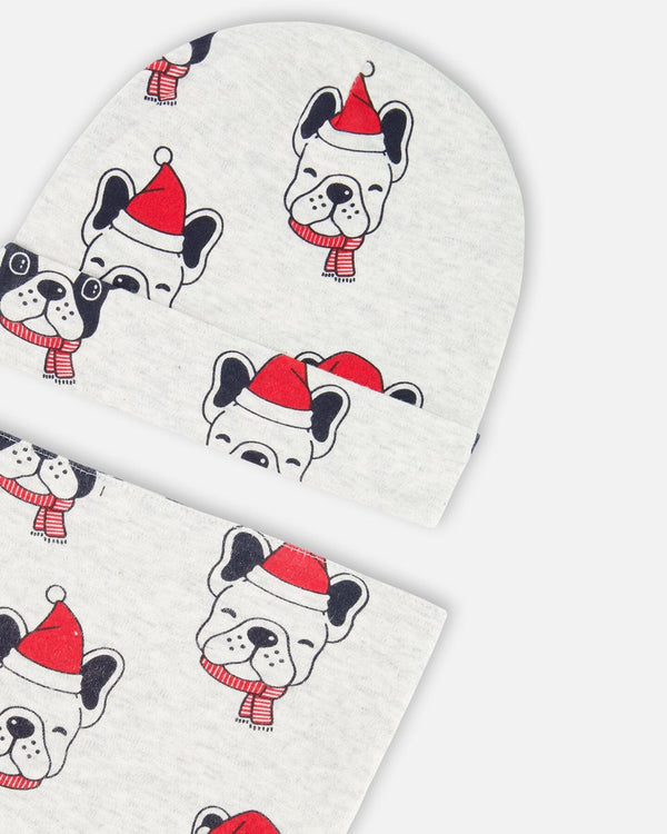 Organic Cotton Printed Christmas Dogs Hat And Bib Set Oatmeal Mix - F20PA10_052