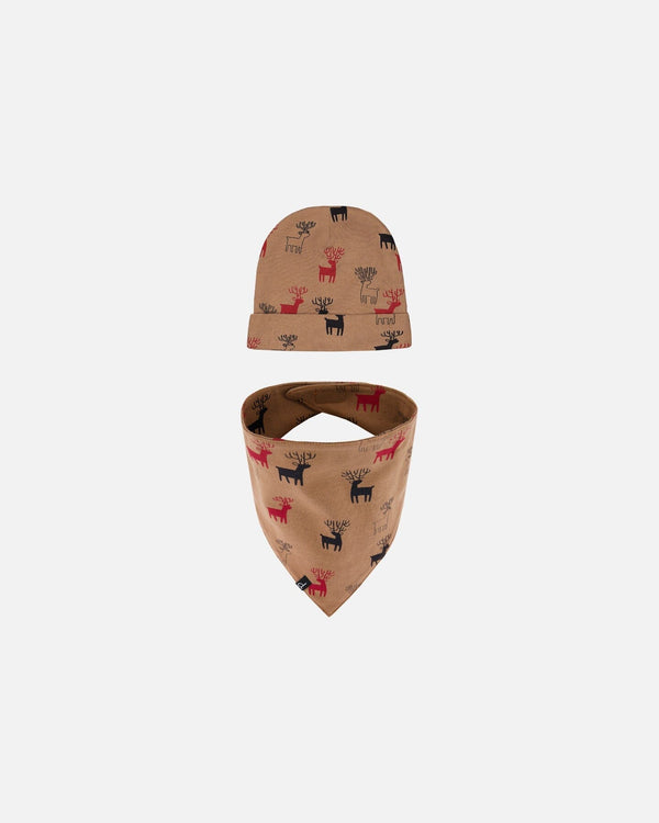 Organic Cotton Printed Reindeers Hat And Bib Set Nutmeg - F20PA10_053