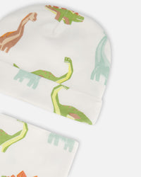 Organic Cotton Printed Dinosaurs Hat And Bib Set Off White - F20PA10_055