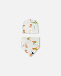 Organic Cotton Printed Dinosaurs Hat And Bib Set Off White - F20PA10_055