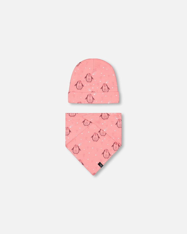 Organic Cotton Printed Penguins Hat And Bib Set Pink - F20PA10_058