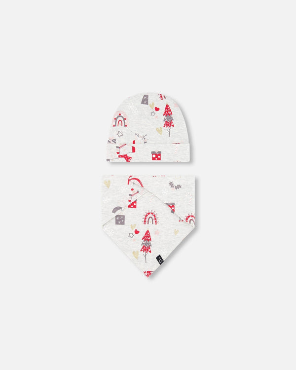 Organic Cotton Printed Christmas Unicorn Hat And Bib Set Oatmeal Mix - F20PA10_060