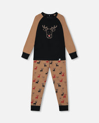 Organic Cotton Two Piece Pajama Set Nutmeg Reindeers Print - F20PB17_053