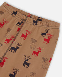 Organic Cotton Two Piece Pajama Set Nutmeg Reindeers Print - F20PB17_053