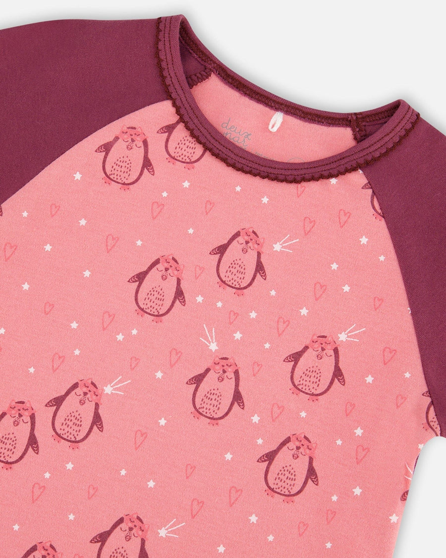 Organic Cotton Long Sleeve Two Piece Printed Penguins Pajama Set Pink - F20PG14US_058