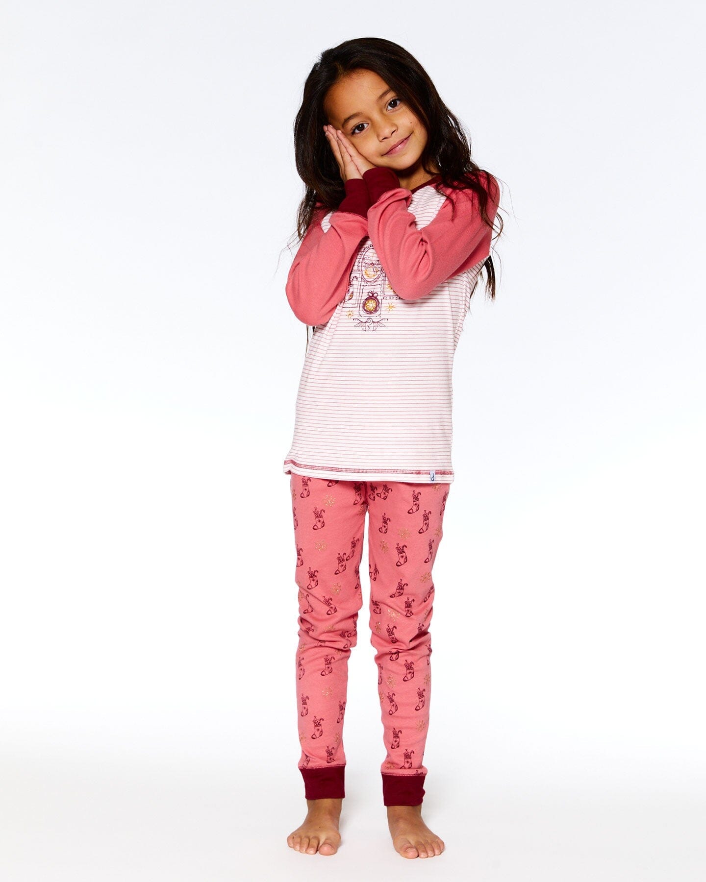 Organic Cotton Long Sleeve Two Piece Printed Christmas Stocking Pajama Set Pink - F20PG16US_059