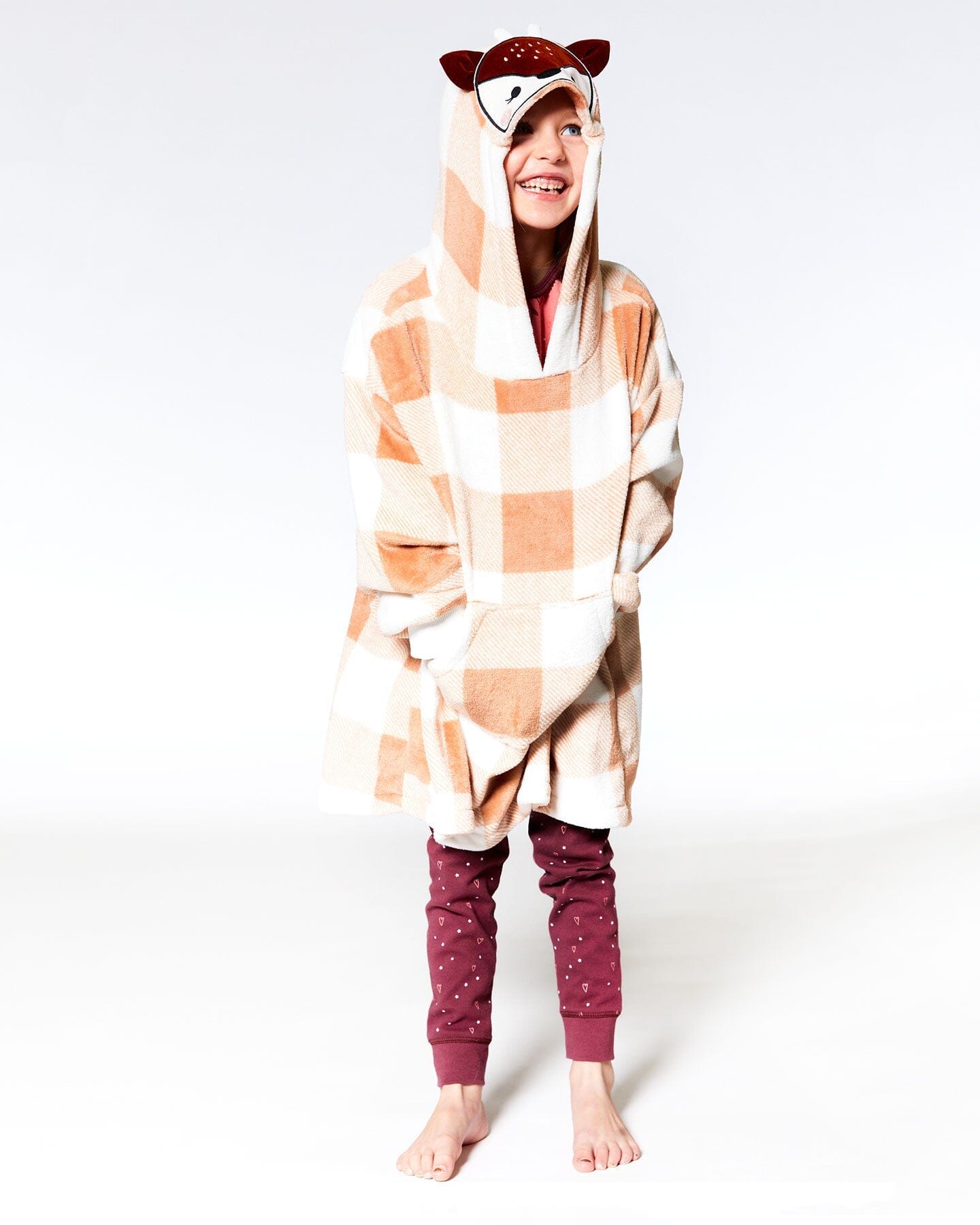 Hooded Plush Blanket Light Beige Plaid - F20R30_076