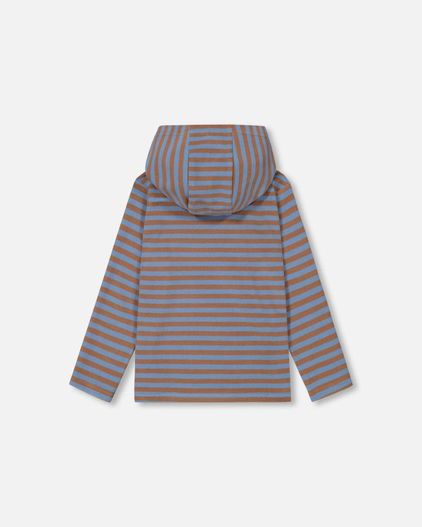 Super Soft Heavy Jersey Hooded Striped Top Blue And Brown Stripe - F20S72_000