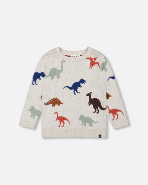 Intarsia Sweater Oatmeal Mix With Dinosaurs - F20TT79_193
