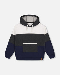 Hoodie With Zipper Pocket Grey, Navy And Off White Color Block - F20U31_196