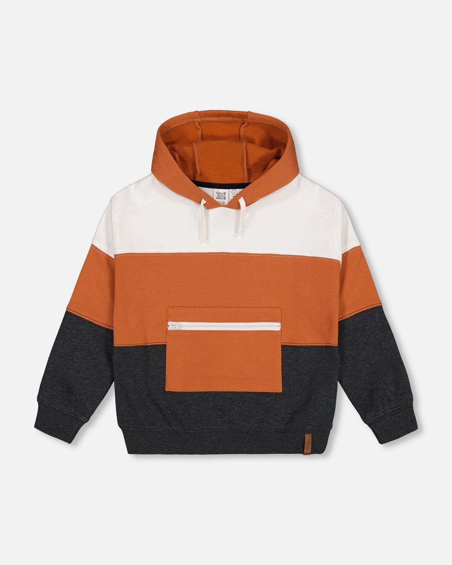 Hoodie With Zipper Pocket Grey, Brown-Orange And Off White Color Block - F20U31_959