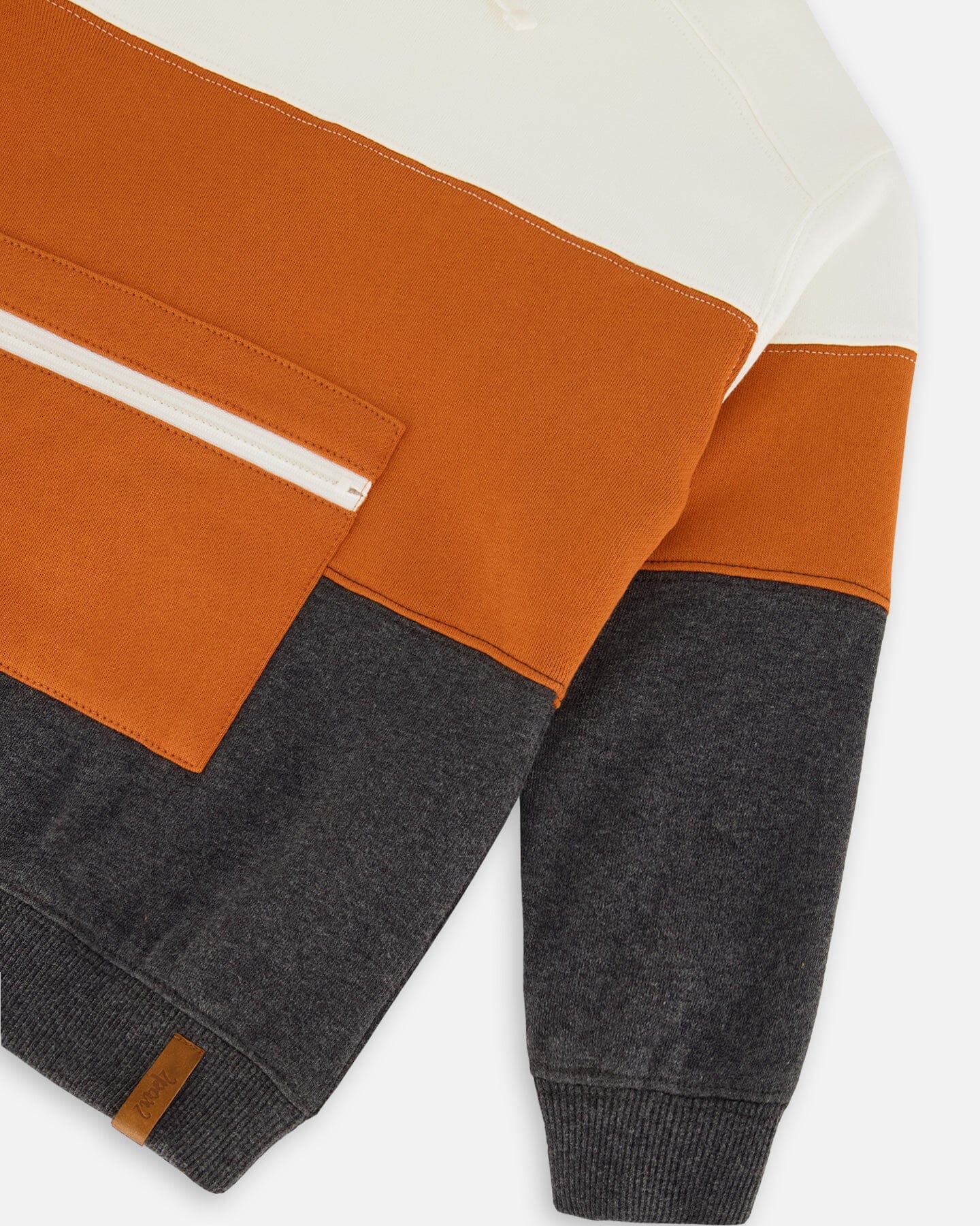 Hoodie With Zipper Pocket Grey, Brown-Orange And Off White Color Block - F20U31_959