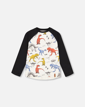 Raglan Jersey T-Shirt With Dinosaurs Print On Oatmeal Mix - F20U73_999