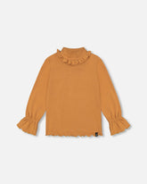 Super Soft Brushed Rib Mock Neck Top With Frills Golden Yellow