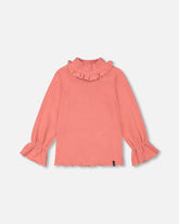 Super Soft Brushed Rib Mock Neck Top With Frills Salmon Pink