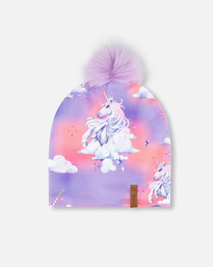 Printed Jersey Detachable Pompom Hat Lilac Unicorn Cloud Print Outdoor Accessories Deux par Deux 