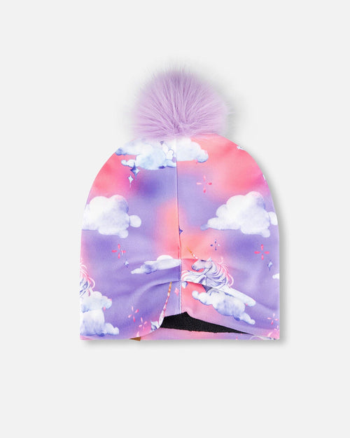 Printed Jersey Detachable Pompom Hat Lilac Unicorn Cloud Print Outdoor Accessories Deux par Deux 