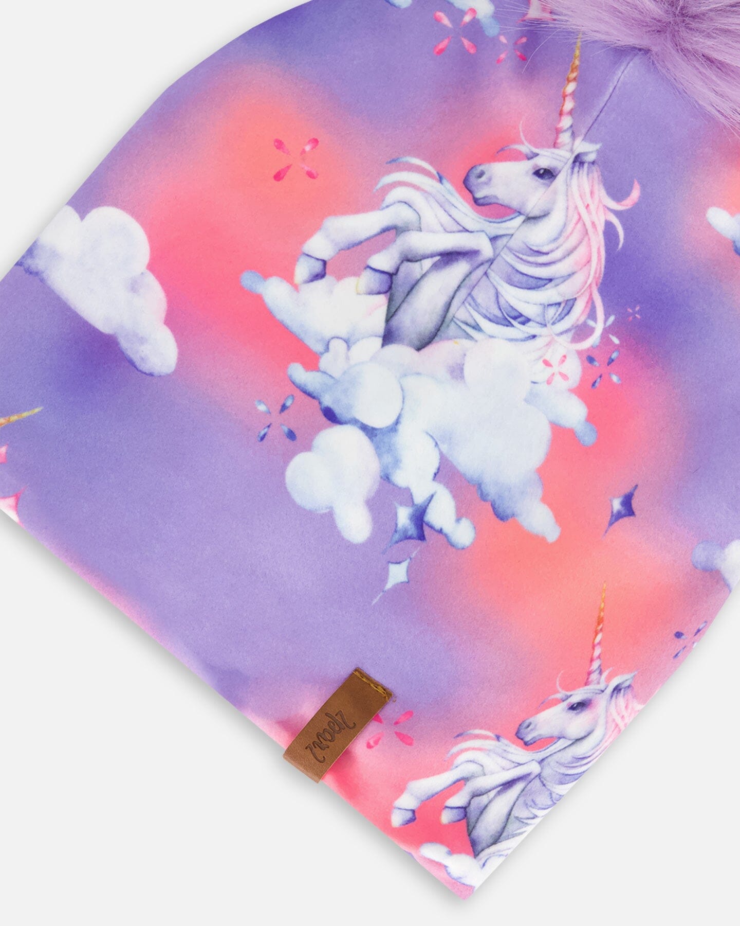 Printed Jersey Detachable Pompom Hat Lilac Unicorn Cloud Print - F20ZW03_009