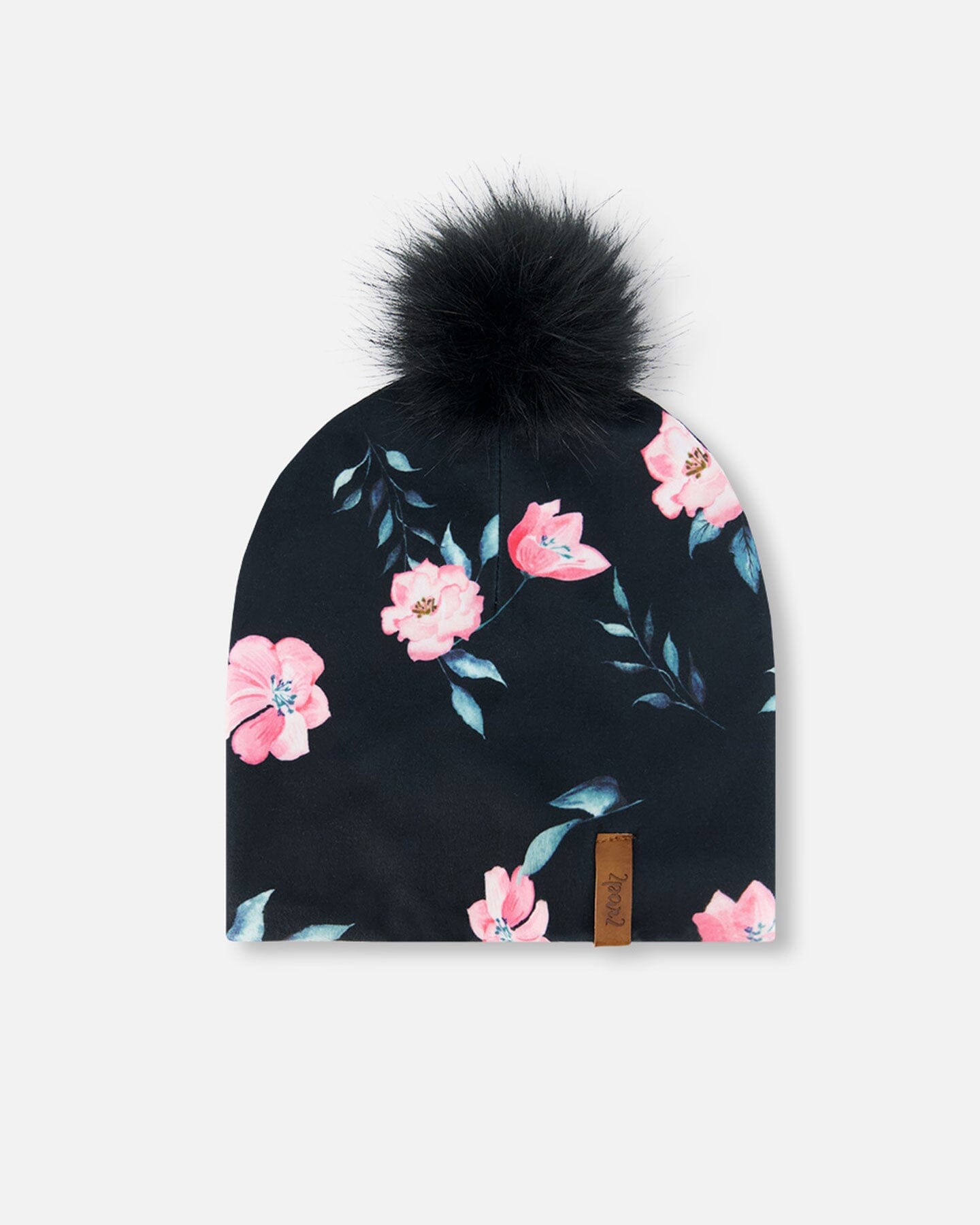 Printed Jersey Detachable Pompom Hat Black Rose Print Outdoor Accessories Deux par Deux 
