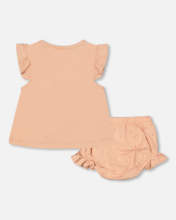 Organic Cotton Top And Bloomers Set Peach Rose With Printed Heart - F30A11_645