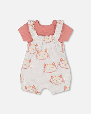 Organic Cotton Pointelle Knit Onesie And Shortall Set Heather Beige With Printed Cat - F30A12_078