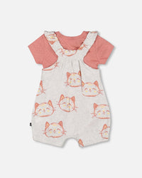 Organic Cotton Pointelle Knit Onesie And Shortall Set Heather Beige With Printed Cat - F30A12_078