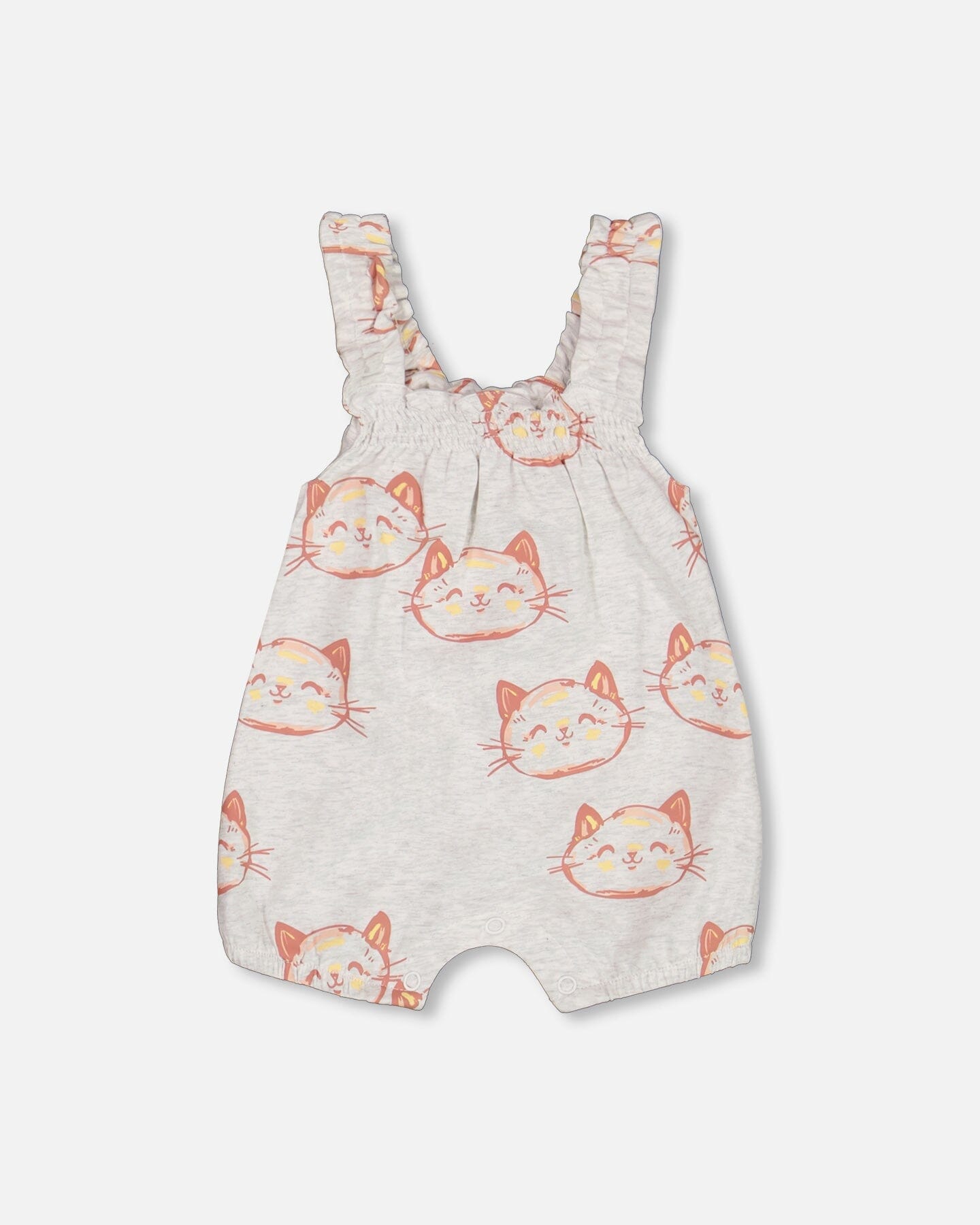 Organic Cotton Pointelle Knit Onesie And Shortall Set Heather Beige With Printed Cat - F30A12_078